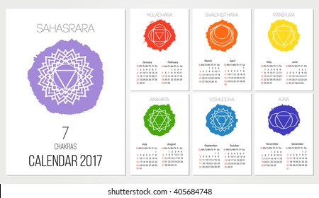 Calendar 2017 design template with 7 chakras set of 12 months vector isolated on white background, the symbol of Hinduism, Buddhism. Hand painted texture. For design, associated with yoga and India.