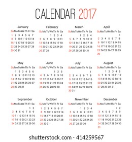 Calendar 2017 design template vector isolated on white background. The first day of the week is Sunday.