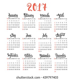 Calendar 2017 design template vector isolated on the white background. The first day of the week is Sunday. Set of 12 months lettering inscription.
