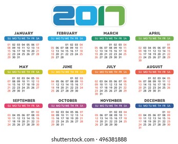 Calendar 2017 design. Week starts on Sunday