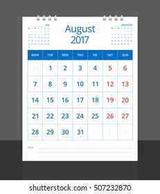 Calendar 2017. Desk calendar August layout template vector for corporate business week start on Monday. Calendar planner. Size 8"x 10" vertical. EPS-10.
