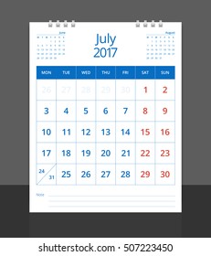 Calendar 2017. Desk calendar July layout template vector for corporate business week start on Monday. Calendar planner. Size 8"x 10" vertical. EPS-10.