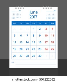 Calendar 2017. Desk calendar June layout template vector for corporate business week start on Monday. Calendar planner. Size 8"x 10" vertical. EPS-10.