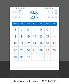 Calendar 2017. Desk calendar May layout template vector for corporate business week start on Monday. Calendar planner. Size 8"x 10" vertical. EPS-10.