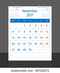 Calendar 2017. Desk calendar November layout template vector for corporate business week start on Monday. Calendar planner. Size 8"x 10" vertical. EPS-10.