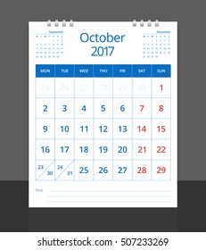 Calendar 2017. Desk calendar October layout template vector for corporate business week start on Monday. Calendar planner. Size 8"x 10" vertical. EPS-10.