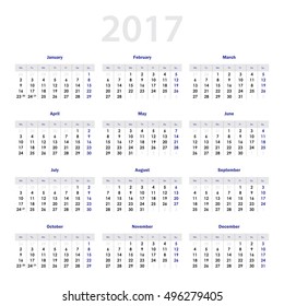 Calendar for 2017 in English