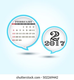 Calendar 2017 February with glossy speech bubble (week starts from Sunday)
