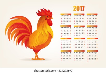 Calendar 2017 with fire rooster. Vector calendar of New Year with the symbol - red rooster.