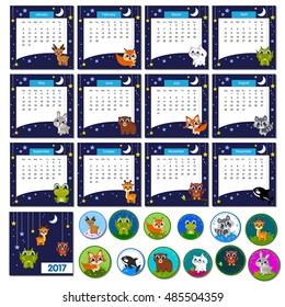 Calendar 2017 with funny cartoon animals. Week start on monday, grid with numbers of weeks. Editable vector template. Ideas for kids, card, banner, poster, bookmark, notepad.