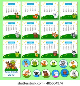 Calendar 2017 with funny cartoon animals. Editable vector template. Ideas for kids, card, banner, poster, bookmark, notepad. Stickers with funny cartoon animals.