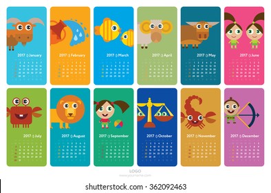 Calendar 2017 with funny cartoon zodiacal characters. Week start on sunday, grid with numbers of weeks. Editable vector template. Ideal for kids, for web, card, banner, poster, bookmark, notepad.