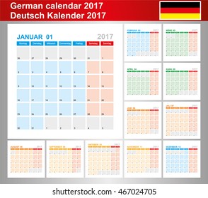 Calendar 2017, German planning calendar template January - December, week starts on Monday, vector illustration