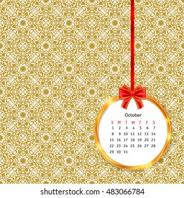 Calendar 2017 in golden circle frame with red bow on vintage decor seamless pattern. Vector illustration for your design