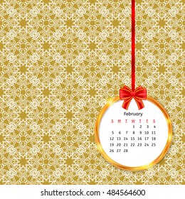 Calendar 2017 in golden circle frame with red bow on vintage decor seamless pattern. Vector illustration for your design