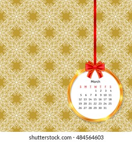Calendar 2017 in golden circle frame with red bow on vintage decor seamless pattern. Vector illustration for your design