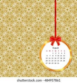 Calendar 2017 in golden circle frame with red bow on vintage decor seamless pattern. Vector illustration for your design