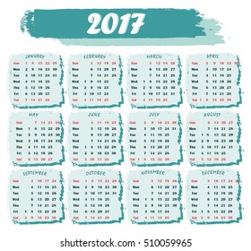 Calendar for 2017 in green color on a white background. Vertical orientation. Week starts Sunday. Simple vector template