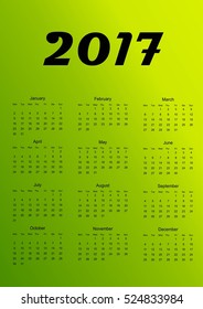 Calendar for 2017. Green gradient background. Vector illustration.