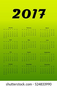 Calendar for 2017. Green gradient background. Vector illustration.