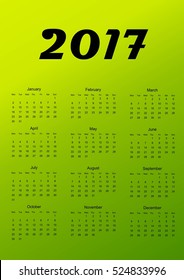 Calendar for 2017. Green gradient background. Vector illustration.