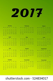 Calendar for 2017. Green gradient background. Vector illustration.