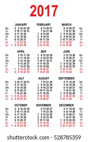 Calendar 2017 grid template. Isolated on white vector illustration
