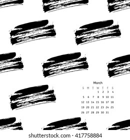 Calendar 2017 with hand drawn brush ink grunge black and white textures. Artwork with abstract background. Vector illustration for your design