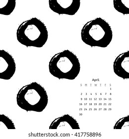 Calendar 2017 with hand drawn brush ink grunge black and white textures. Artwork with abstract background. Vector illustration for your design