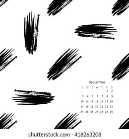 Calendar 2017 with hand drawn brush ink grunge black and white textures. Artwork with abstract background. Vector illustration for your design