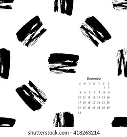 Calendar 2017 with hand drawn brush ink grunge black and white textures. Artwork with abstract background. Vector illustration for your design