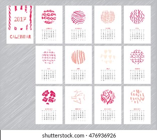 Calendar 2017 with hand drawn textures. Unique design for each month. Vector planner with geometric figures: stripes, triangles, circles, dots, flowers and leaves.
