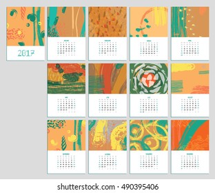 Calendar 2017 with hand drawn textures. Unique design for each month. Vector planner with geometric figures: stripes, triangles, circles, dots, flowers and leaves.