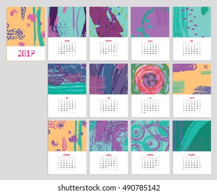 Calendar 2017 with hand drawn textures. Unique design for each month. Vector planner with geometric figures: stripes, triangles, circles, dots, flowers and leaves.