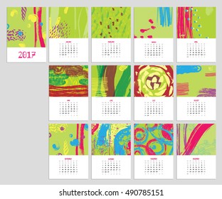 Calendar 2017 with hand drawn textures. Unique design for each month. Vector planner with geometric figures: stripes, triangles, circles, dots, flowers and leaves.