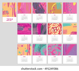 Calendar 2017 with hand drawn textures. Unique design for each month. Vector planner with geometric figures: stripes, triangles, circles, dots, flowers and leaves.