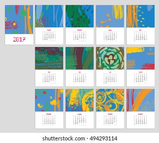 Calendar 2017 with hand drawn textures. Unique design for each month. Vector planner with geometric figures: stripes, triangles, circles, dots, flowers and leaves.