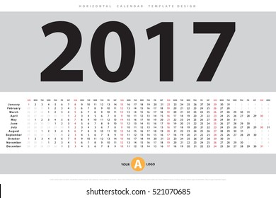 Calendar 2017 horizontal template design. Vector eps10