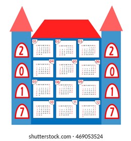 Calendar for 2017. House in a flat style as a background for a calendar. Week Starts Sunday. 