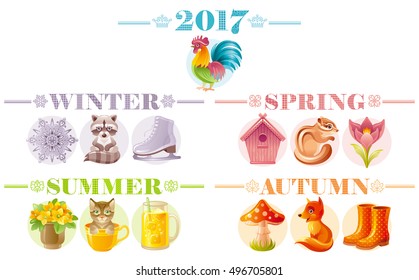 Calendar 2017 icon set. Cute cartoon nature icons. Cat fox squirrel cock rooster raccoon flower birdhouse smoothie. Text lettering abstract design. Poster flyer template. Baby kids four seasons symbol