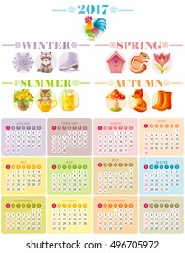 Calendar 2017 icon set vector illustration. Four season icons. Cartoon animal poster. Spring summer autumn winter. January february march april may june july august september october november december