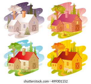 Calendar 2017 icon set vector illustration. Four season country landscape poster. Spring summer autumn winter. January february march april may june july august september october november december