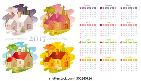 Calendar 2017 icon vector illustration. Four season house landscape. Countryside flyer. Spring summer fall winter. January february march april may june july august september october november december