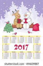 calendar for 2017 with the image of funny animals and Christmas tree