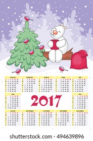calendar for 2017 with the image of funny animals and Christmas tree