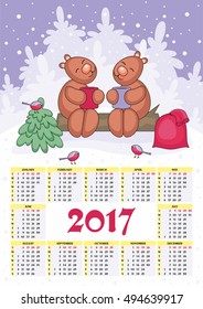 calendar for 2017 with the image of funny animals and Christmas tree