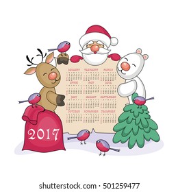 calendar 2017 with the image of funny animals and  Santa Claus.