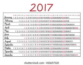 Calendar 2017 isolated on white background. Can use for business, daily and made design with your background. Vector 