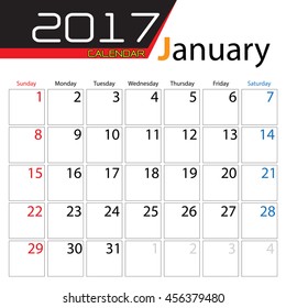 Calendar 2017 January design on white background vector illustration.