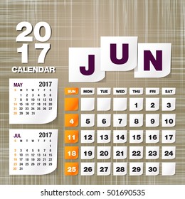 Calendar 2017 June vintage paper on grunge background
